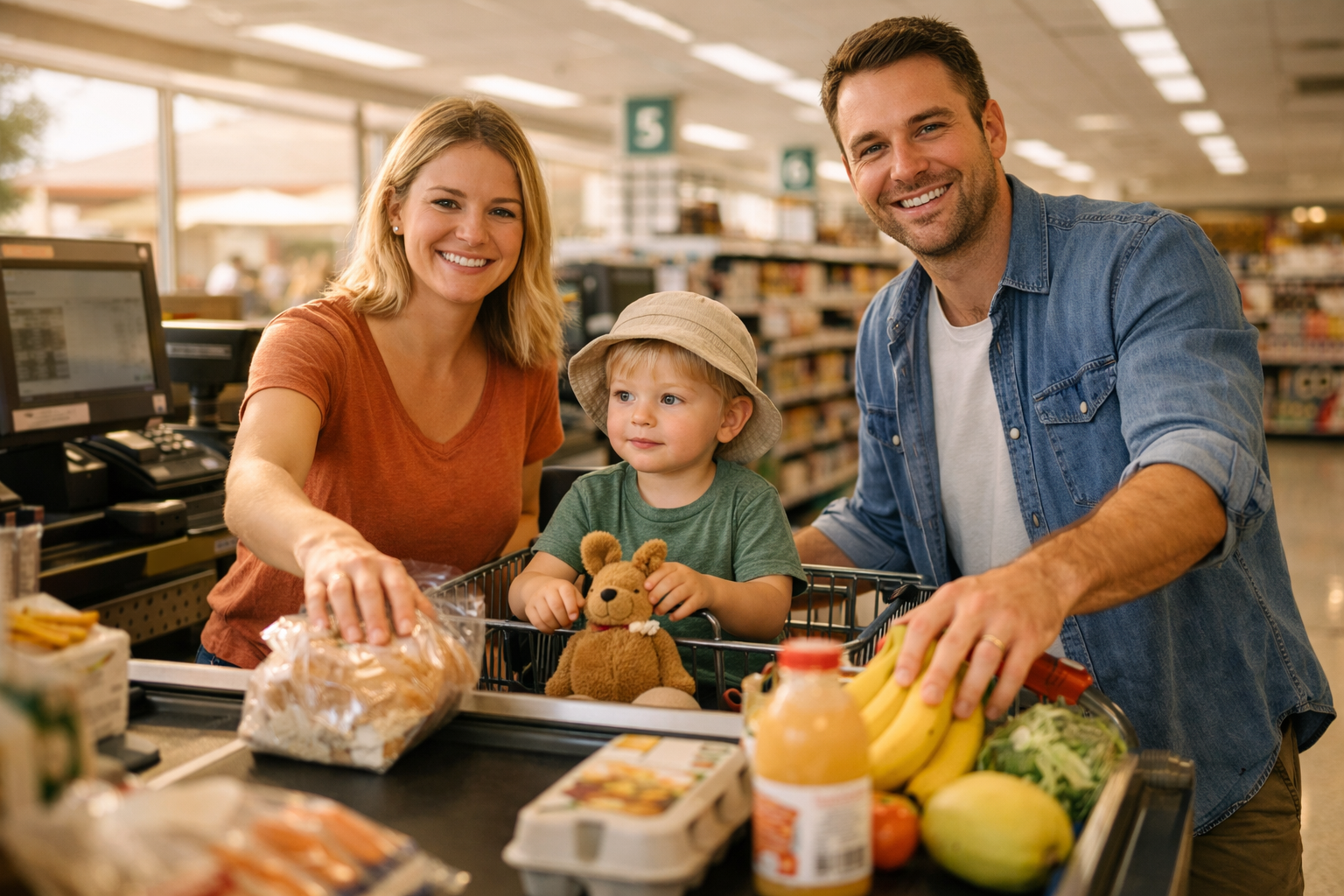 Australian family at supermarket checkout