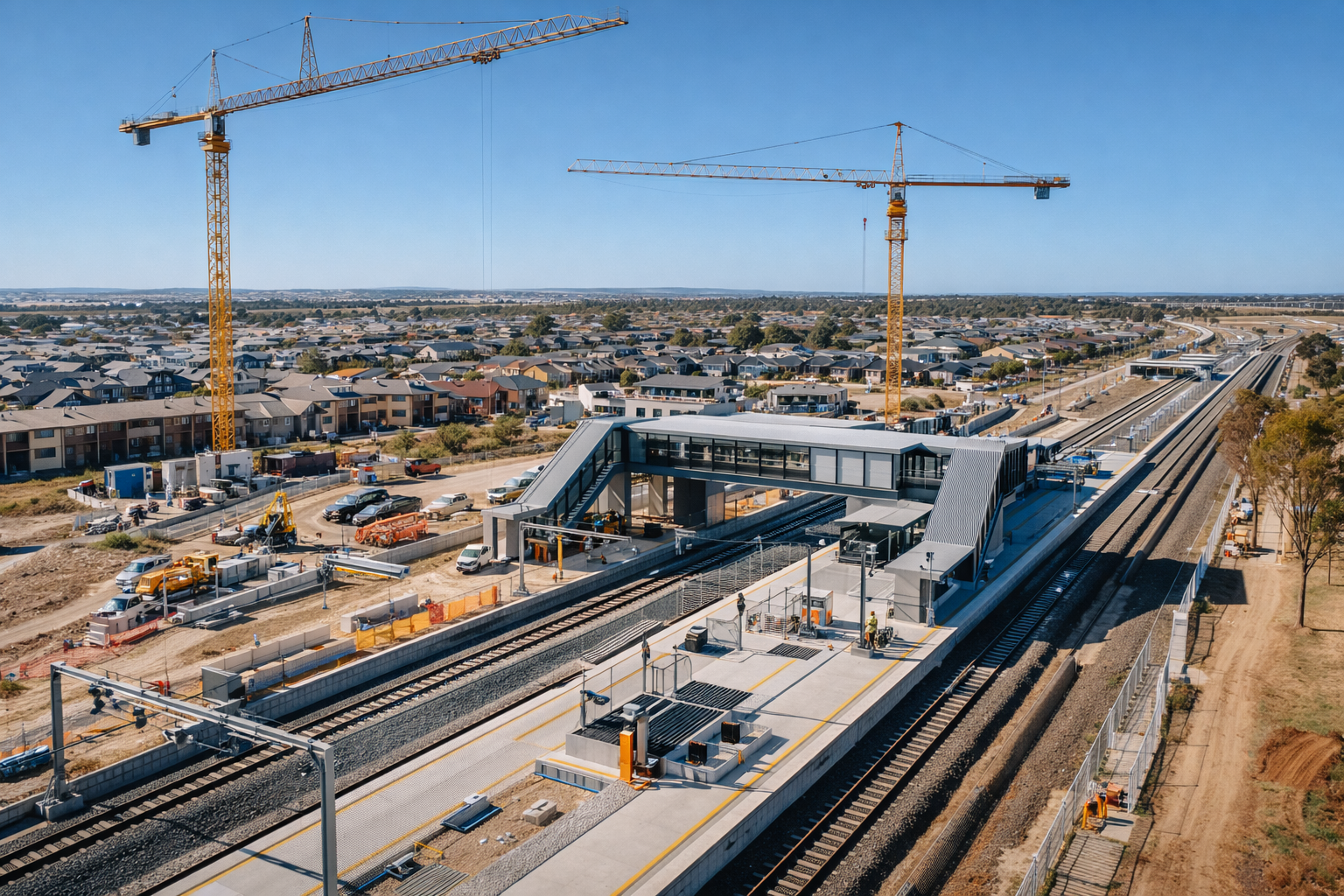 Modern train station under construction in outer suburb