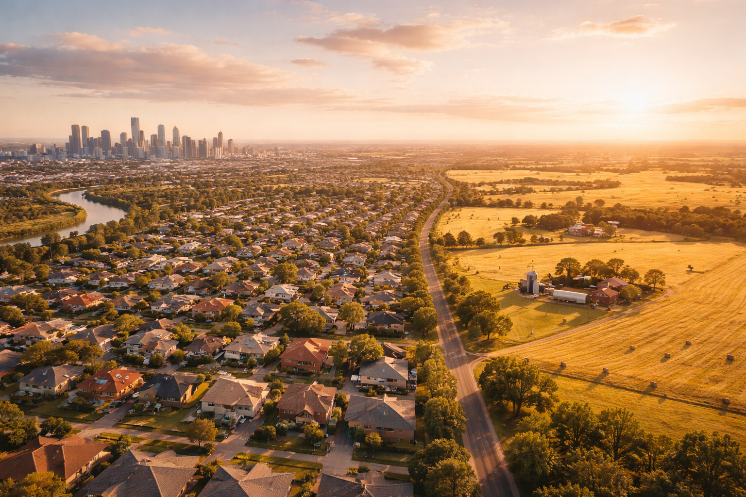 City, suburbs and farmland under one Australian sky